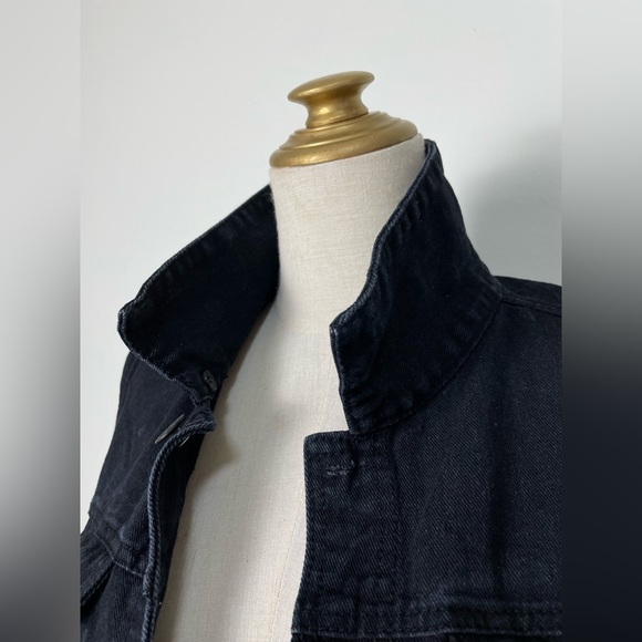 vintage y2k cotton black denim vest jacket pockets mens large metal button rude - Picture 11 of 12